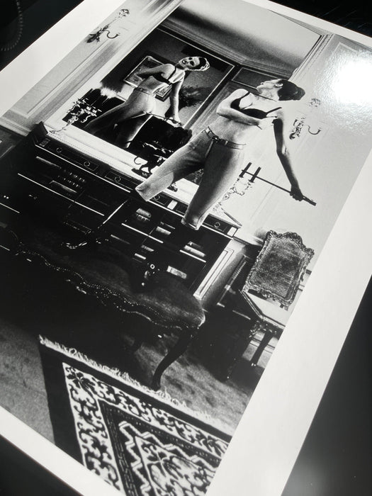 Alt Tag: Helmut Newton Saddle I (Bettina) vintage silver gelatin print, Paris 1976 mirrored bedroom photo, 16x20 vintage print