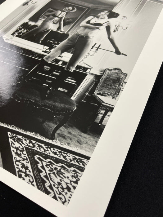 Alt Tag: Helmut Newton Saddle I (Bettina) vintage silver gelatin print 16x20, Paris 1976 mirrored bedroom photograph with model Bettina