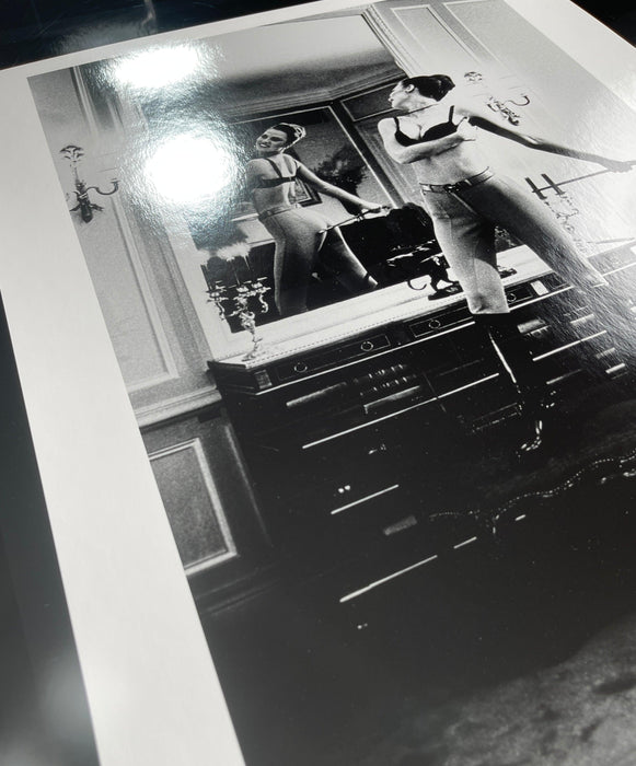 Alt Tag: Helmut Newton Saddle I (Bettina) vintage silver gelatin print 16x20 Paris 1976 mirrored bedroom Bettina with whip black-and-white photo