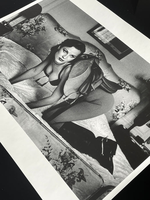 Helmut Newton Saddle I Paris 1976 vintage silver gelatin print 20x24 black and white photo of nude model posed with saddle on bed