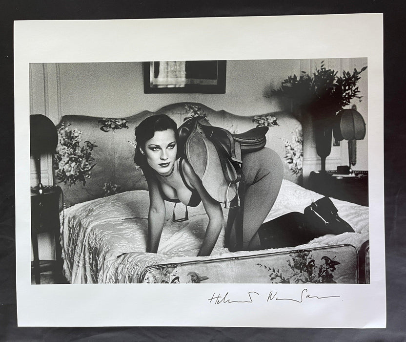 Helmut Newton Saddle I Paris 1976 vintage silver gelatin print 20x24 photo of model on bed with saddle, signed vintage print