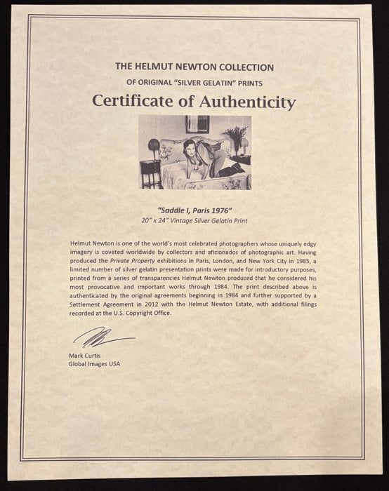 Helmut Newton Saddle I Paris 1976 vintage silver gelatin print certificate of authenticity for 20x24 original gelatin silver print