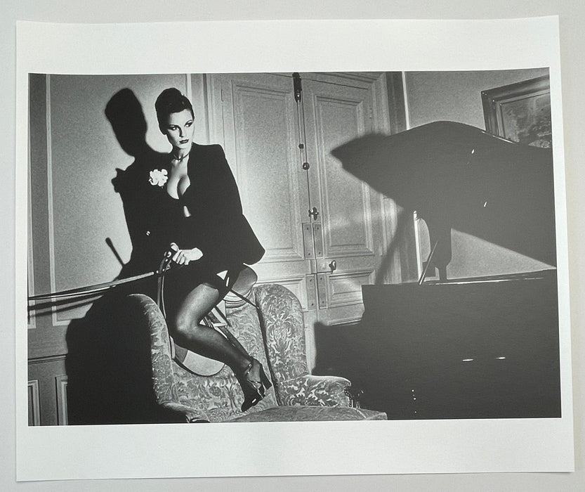Helmut Newton Saddle II Paris 1976 vintage silver gelatin print 20x24 fashion photo of model on sofa, dramatic shadows, Paris 1976