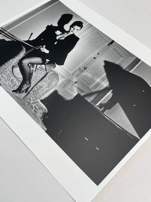 Alt Tag: Helmut Newton Saddle II Paris 1976 vintage silver gelatin print 20x24 fashion photograph, seated model with dramatic shadow