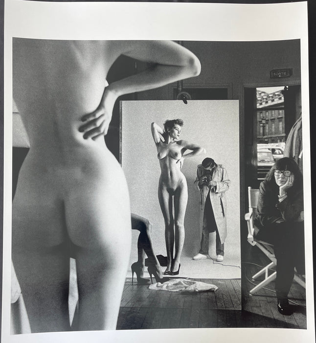 Helmut Newton Self Portrait with Model and Wife Paris 1981 vintage silver gelatin print, black-and-white studio scene with nude model and photographer