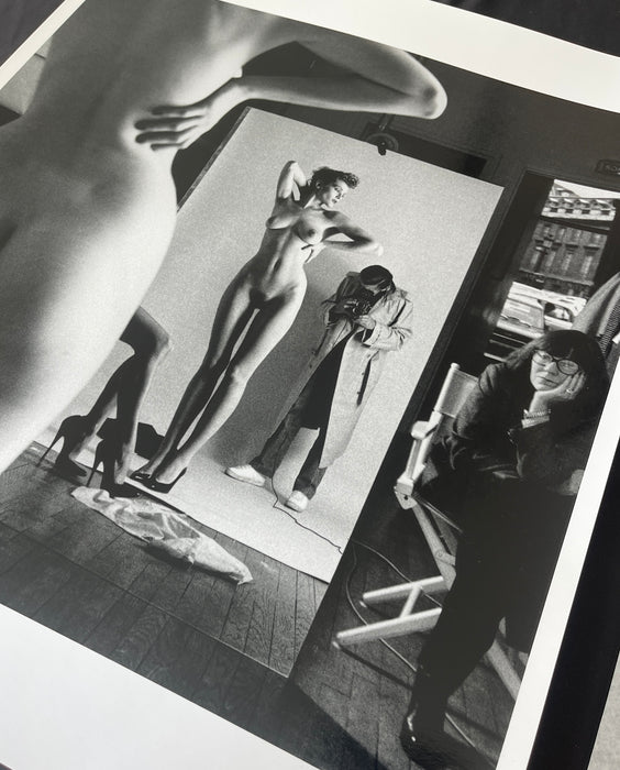 Alt Tag: Helmut Newton Self Portrait with Model and Wife Paris 1981 vintage silver gelatin print, black-and-white photo of Newton photographing nude model