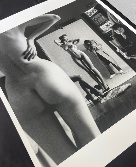 Helmut Newton Self Portrait with Model and Wife Paris 1981 vintage silver gelatin print - nude studio scene with photographer and wife, Paris 1981