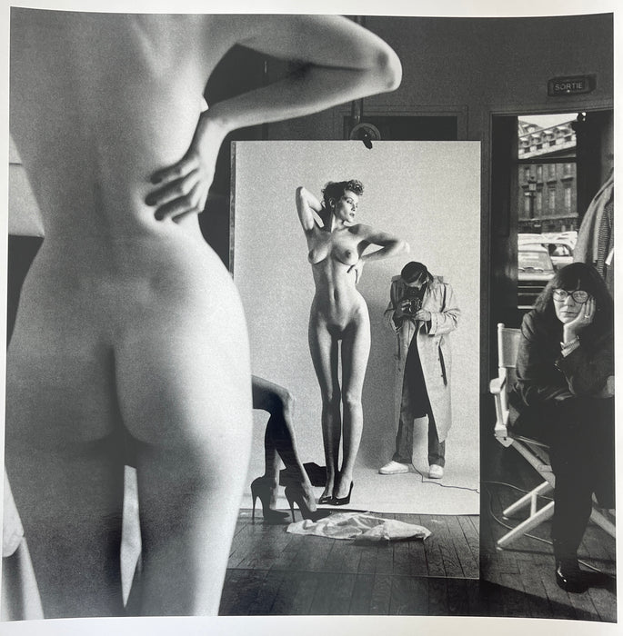 Helmut Newton Self Portrait with Model and Wife Paris 1981 vintage silver gelatin print, photographer at work with nude model and wife in studio