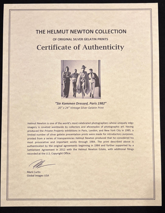 Alt Tag: Certificate of Authenticity for Helmut Newton Sie Kommen Dressed Paris 1982 vintage silver gelatin print 20x24