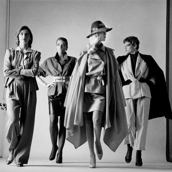 Helmut Newton Sie Kommen Dressed Paris 1982 vintage silver gelatin print, four fashion models in tailored suits and cape in studio