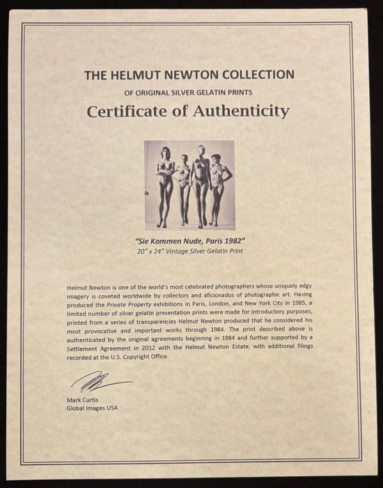 Alt Tag: Certificate of Authenticity for Helmut Newton Sie Kommen Nude Paris 1982 vintage silver gelatin print, 20x24, Helmut Newton Collection