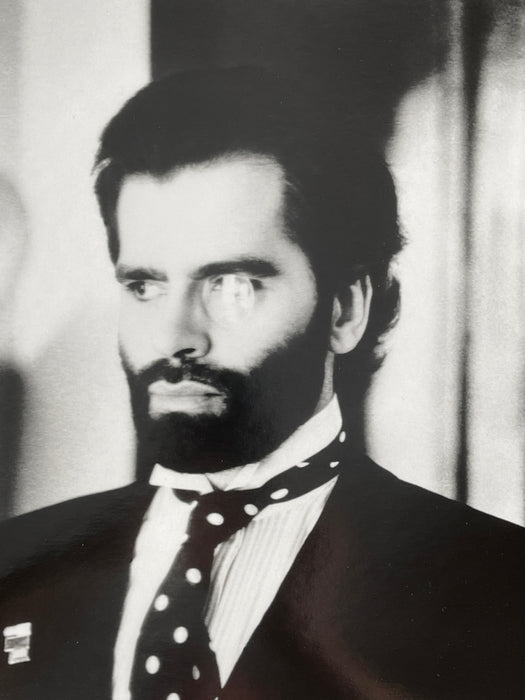 Alt Tag: Helmut Newton Karl Lagerfeld Paris 1973 vintage silver gelatin print portrait in Paris, high-contrast monochrome fashion photo