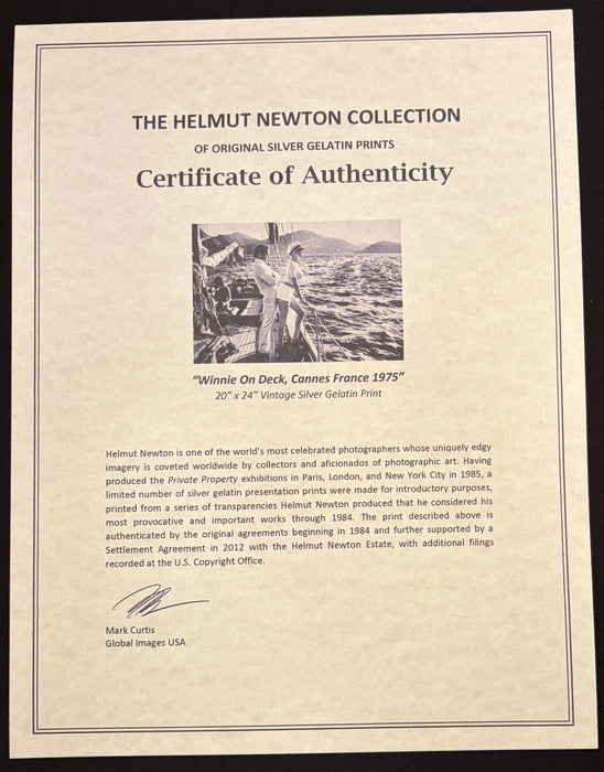 Helmut Newton Winnie On Deck Cannes 1975 vintage silver gelatin print certificate of authenticity from The Helmut Newton Collection