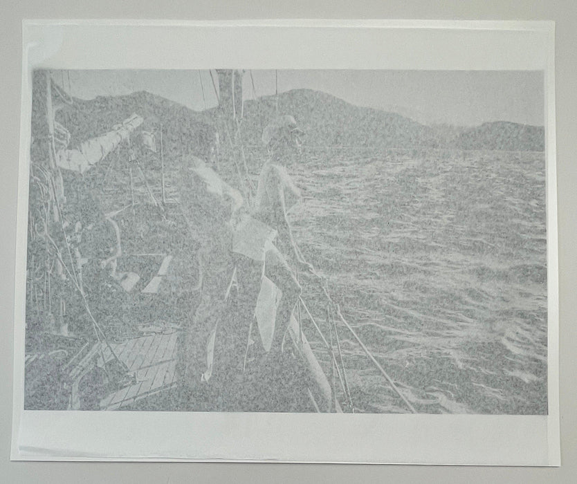 Alt Tag: Helmut Newton Winnie On Deck Cannes 1975 vintage silver gelatin print 20x24 photo of nude model on sailboat deck at sea