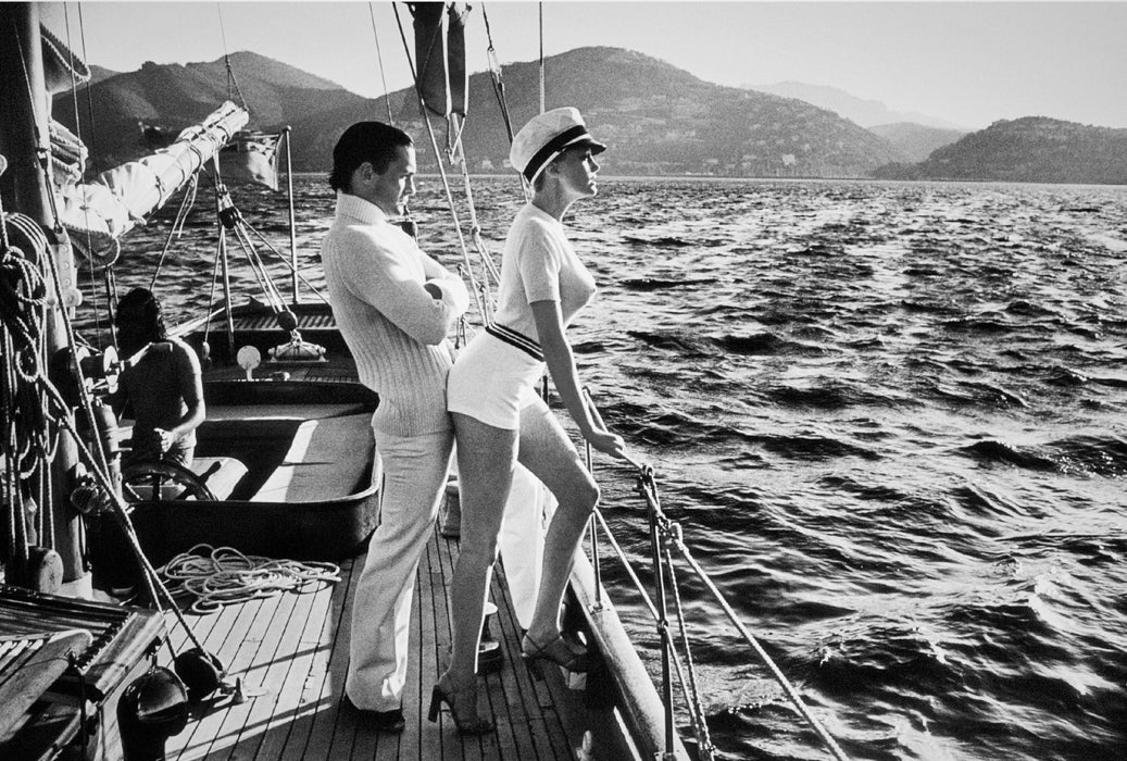 Alt Tag: Helmut Newton Winnie On Deck Cannes 1975 vintage silver gelatin print 20x24, Winnie Holman on yacht deck, Cannes maritime portrait