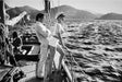 Alt Tag: Helmut Newton Winnie On Deck Cannes 1975 vintage silver gelatin print 20x24, Winnie Holman on yacht deck, Cannes maritime portrait