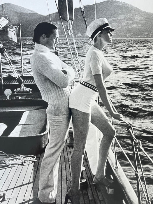 Alt Tag: Helmut Newton Winnie On Deck Cannes 1975 vintage silver gelatin print - black-and-white yacht deck portrait of Winnie Holman, Cannes 1975