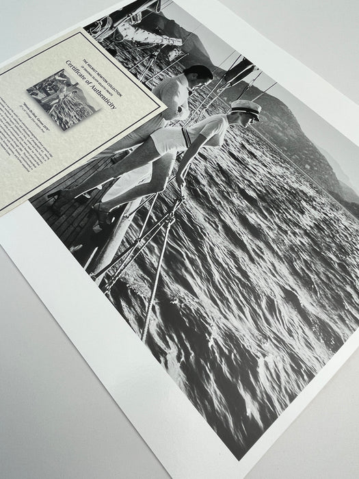 Alt Tag: Helmut Newton Winnie On Deck Cannes 1975 vintage silver gelatin print 20x24 photo of Winnie Holman reclining on yacht deck above sea