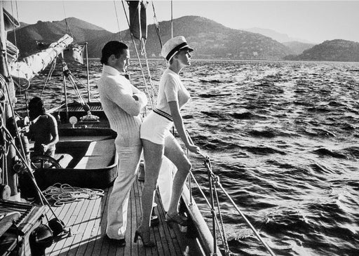 Alt Tag: Helmut Newton Winnie On Deck Cannes 1975 vintage silver gelatin print on yacht deck at sea, Cannes 1975 maritime portrait