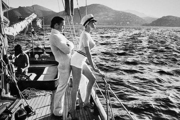 Alt Tag: Helmut Newton Winnie On Deck Cannes 1975 vintage silver gelatin print on yacht deck at sea, Cannes 1975 maritime portrait