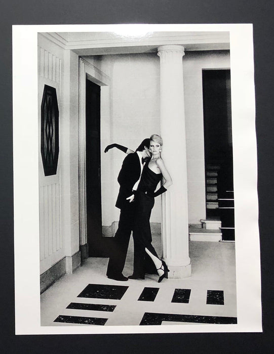 Alt Tag: Helmut Newton Woman Into Man Paris 1979 vintage silver gelatin print, black and white photo of model in tuxedo, Paris 1979