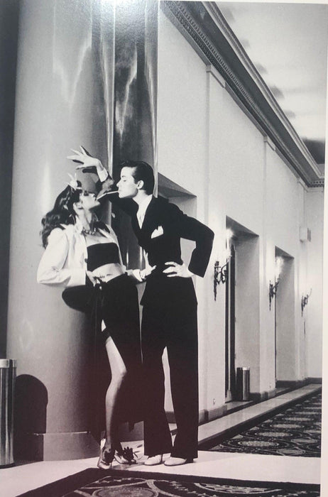Helmut Newton Woman Into Man Paris 1979 vintage silver gelatin print fashion photo of couple kissing in Paris hotel corridor