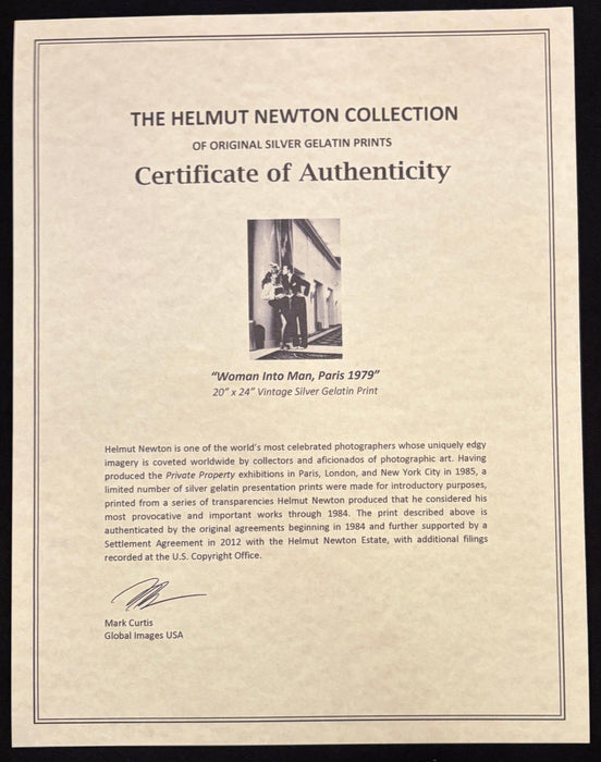 Certificate of Authenticity for Helmut Newton Woman Into Man Paris 1979 vintage silver gelatin print, The Helmut Newton Collection